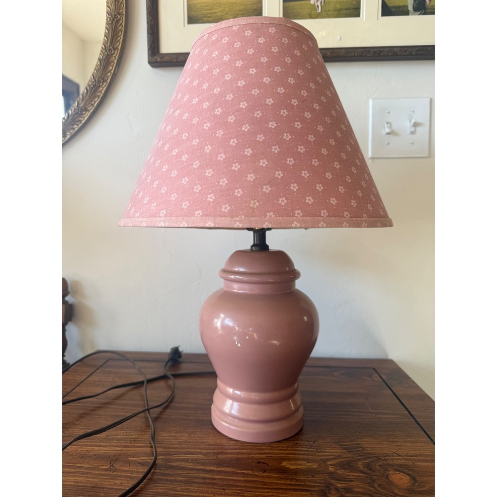Vintage Pink Ceramic Ginger Jar Lamp Floral Calico Shade Cottagecore Decor - Picture 10 of 12
